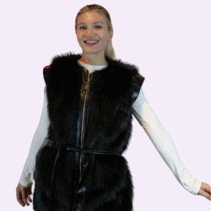 deri kuşaklı siyah uzun tüylü kürk yelek