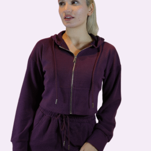 fitilli kadife görünümlü bordo fermuarlı crop kapüşonlu takım