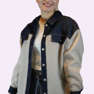 İki renkli (denim ve bej) fitilli kumaş karışımı gömlek ceket