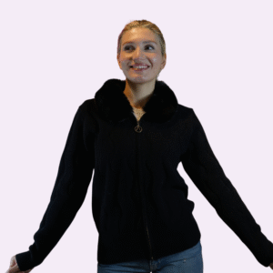 kürk (peluş) yakalı fermuarlı siyah Örgü hırka