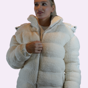 kapüşonlu krem (ekru) peluş Şişme mont