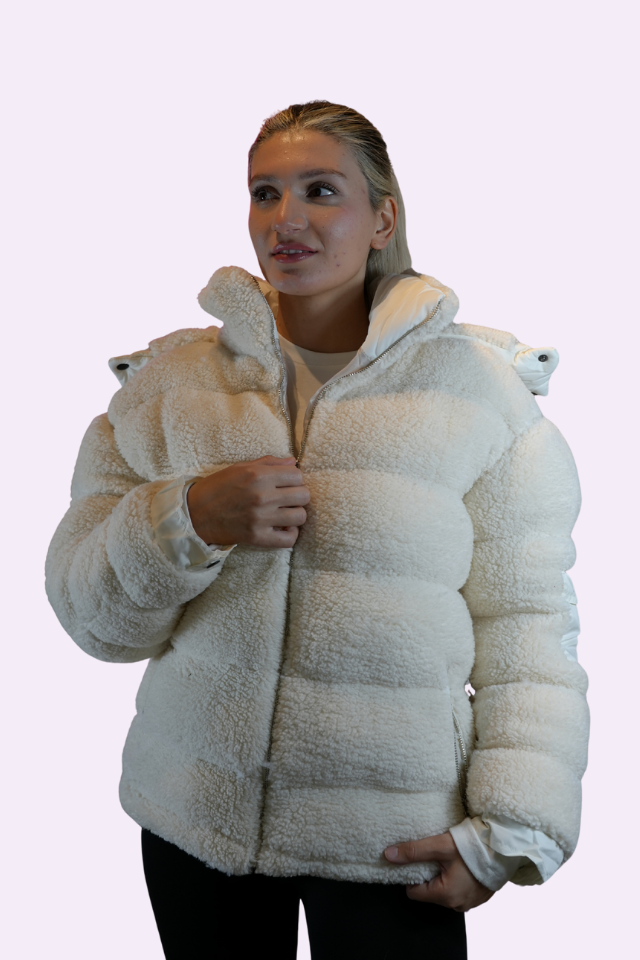 kapüşonlu krem (ekru) peluş Şişme mont kapüşonlu krem (ekru) peluş Şişme mont