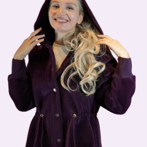 kapüşonlu kordon bel detaylı mor peluş mont (parka)